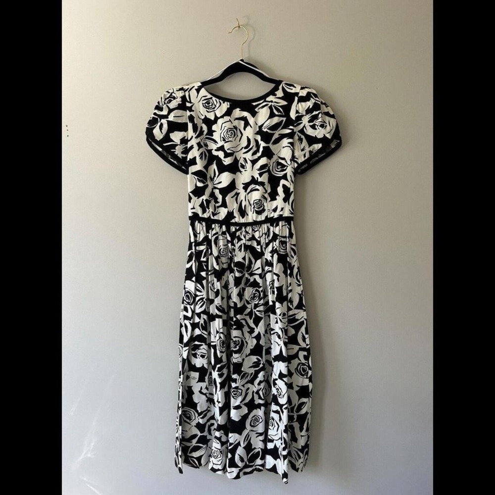 Vintage‎ Lanz Original Dress Black Floral & White Bow Low Back 80's Size 4